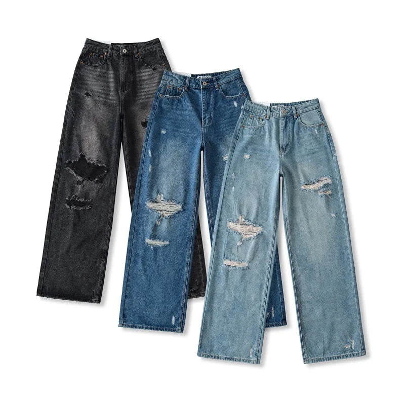 Women's Destroyed Jeans 2025 Spring Summer High Waist Loose Leg Floor-Length Distressed Denim Vintage Daily Staple