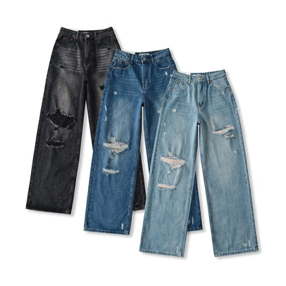 Women's Destroyed Jeans 2025 Spring Summer High Waist Loose Leg Floor-Length Distressed Denim Vintage Daily Staple