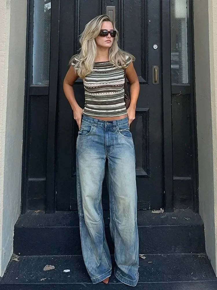 Women's Vintage Baggy Jeans High-Waisted Wide Leg Denim Pants with Back Wing Print Washed Y2K Streetwear 2025 Spring Summer Chic