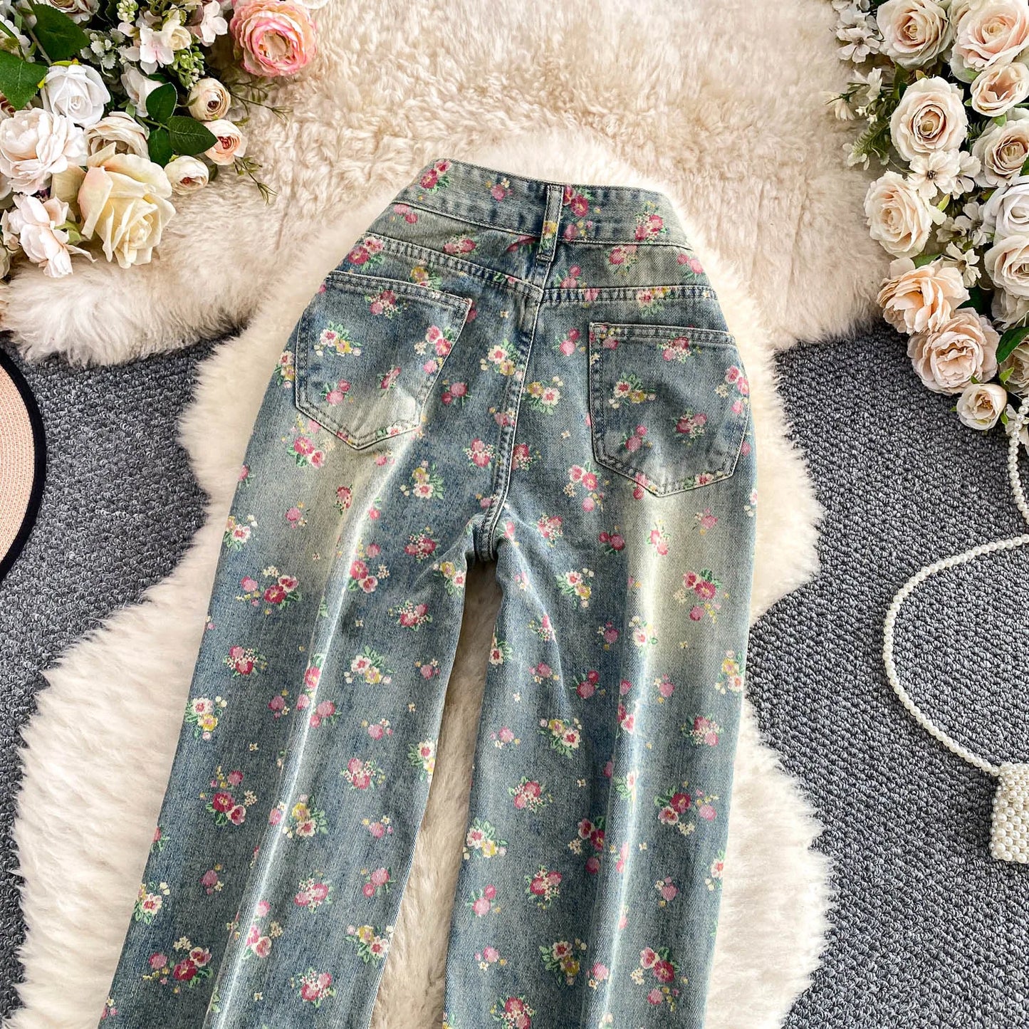 Women's Fashion Floral Print Denim Pants Colorful Flower Wide Leg Trousers Female Spring Autumn Versatile High Waist Blue Jeans