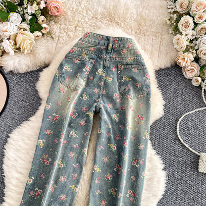 Women's Fashion Floral Print Denim Pants Colorful Flower Wide Leg Trousers Female Spring Autumn Versatile High Waist Blue Jeans