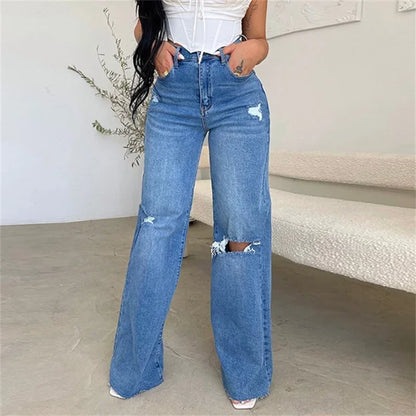 Women Knee Broken Holes Trend Straight Jeans Fashion Comfortable Casual High Waist Denim Pants Female Loose Wide Leg Trousers 24