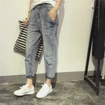16023 Women's Jeans Spring Korean Style Loose Office Ladies Streetwear Solid Color Light Blue Elastic Bleach Scratch Denim Pants
