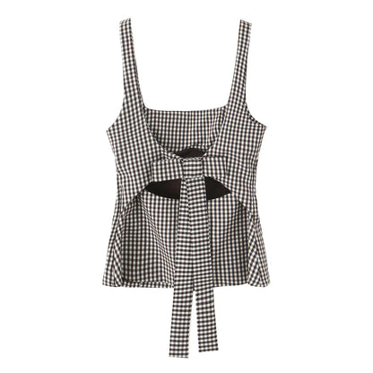 Tops For Women Bow Embellished Small Plaid Top 2025 Summer Camisole Sleeveless Top Woman Tops Women's Tank Top