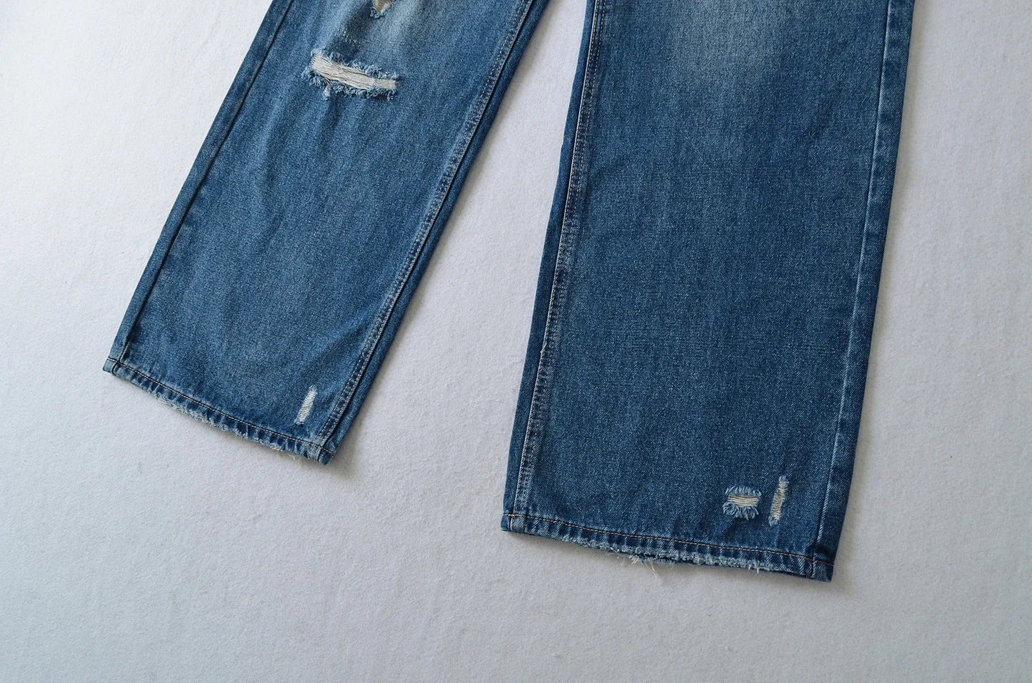 Women's Destroyed Jeans 2025 Spring Summer High Waist Loose Leg Floor-Length Distressed Denim Vintage Daily Staple