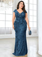 Plus Size Elegant Blue Evening Dress For Women 2024 Luxury Long Mermaid Formal Sequins V-neck Prom Wedding Party Gown