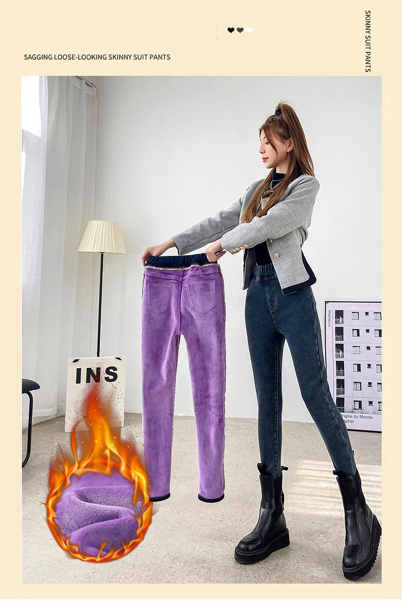 Women's Winter Jeans Fleece Warm Slim Pencil Trousers Elastic Waist Thicken Velvet Comfortable Mom Denim Pants Female