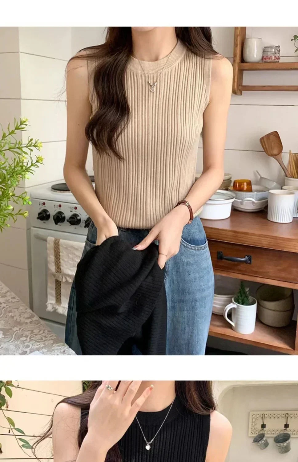 Sleeveless Blouse Shirt Women O-neck Rib Knit Vest Tank Plain Vest Tops Summer Female Basic Casual Tops Outfit