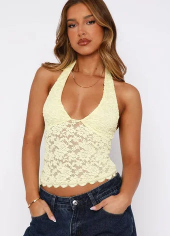 Women Crop Halter Tops Summer Deep V-Neck Floral Lace Backless Shirts Vest for Streetwear Aesthetic Grunge Clothes