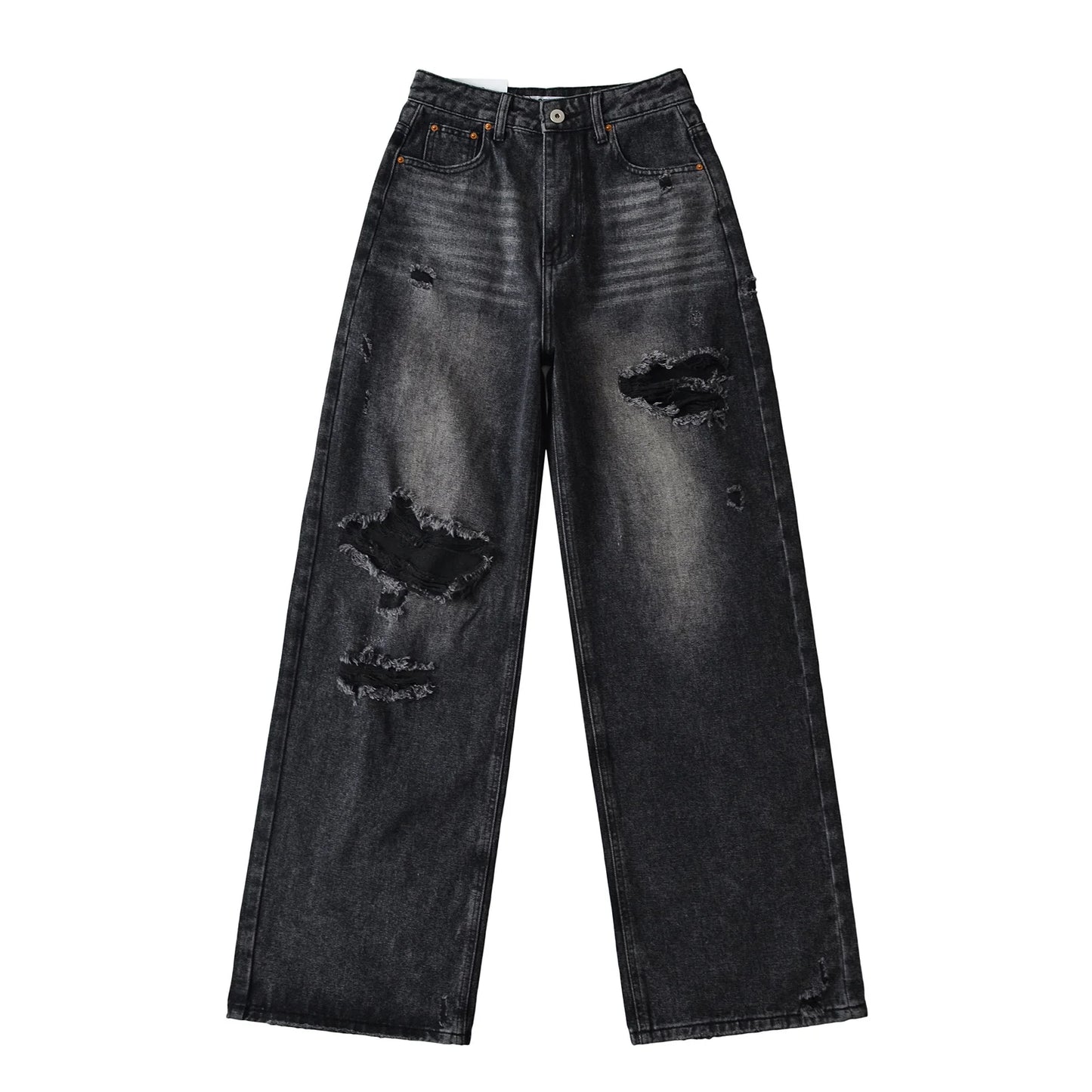 Women's Destroyed Jeans 2025 Spring Summer High Waist Loose Leg Floor-Length Distressed Denim Vintage Daily Staple