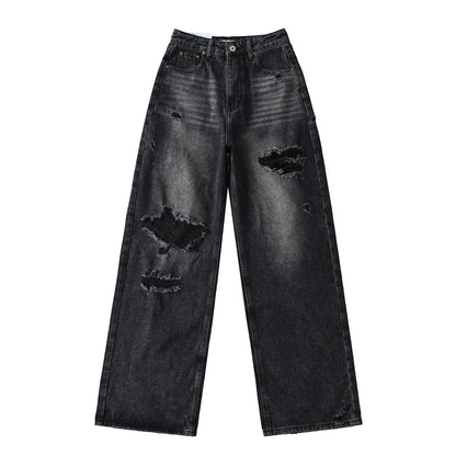 Women's Destroyed Jeans 2025 Spring Summer High Waist Loose Leg Floor-Length Distressed Denim Vintage Daily Staple