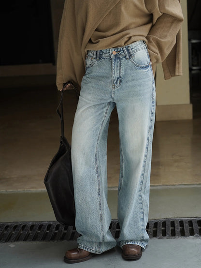 Retro polished white washed denim jeans with a natural feel, neat straight leg casual pants for women