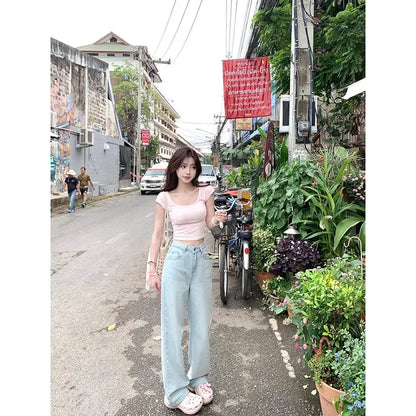 2024 Blue Jeans for Women High Quality High Waist American Wide Leg Pants Bow Embroidery Y2K Vintage Straight Summer Trousers