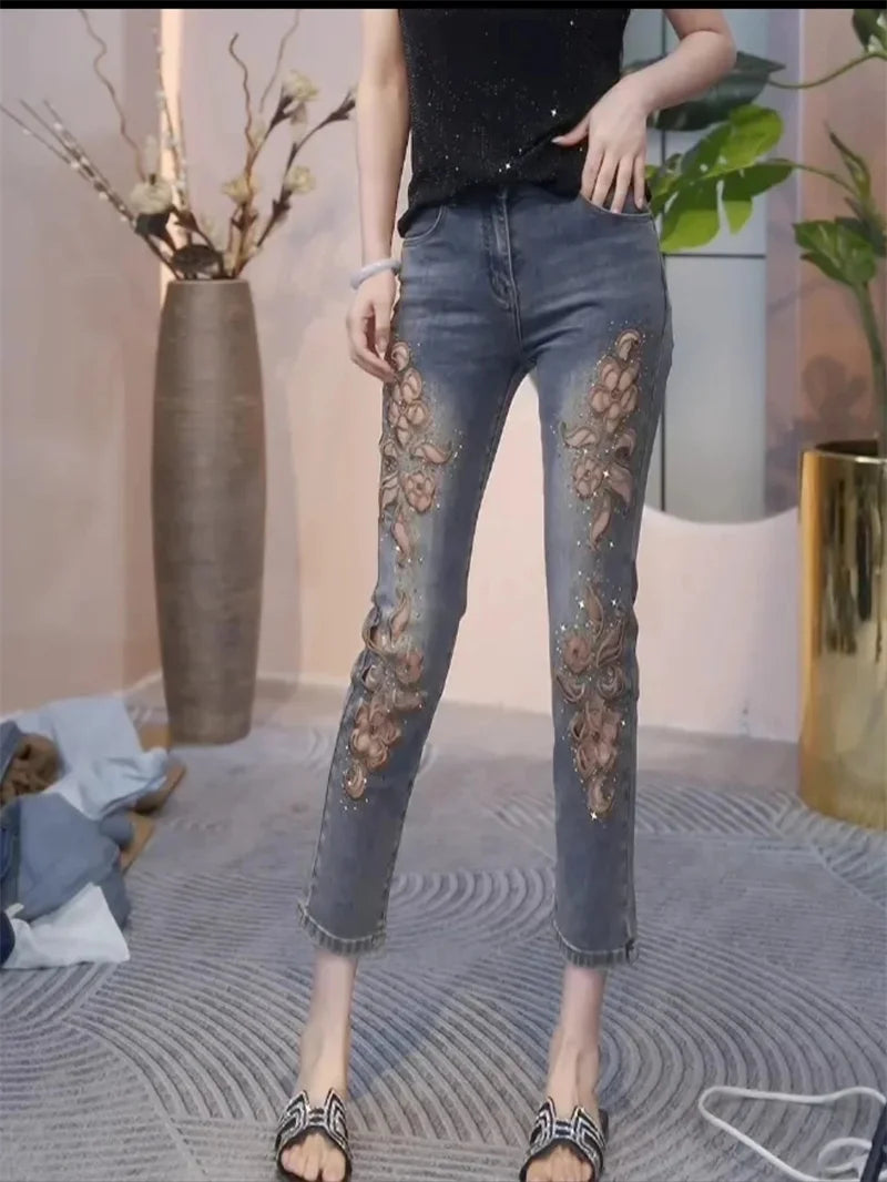 2025 Summer New Fashion Hollow Embroidered Jeans For Women Heavy Industry High Waist Slim Ankle-Length Pants Ladies Denim Pants