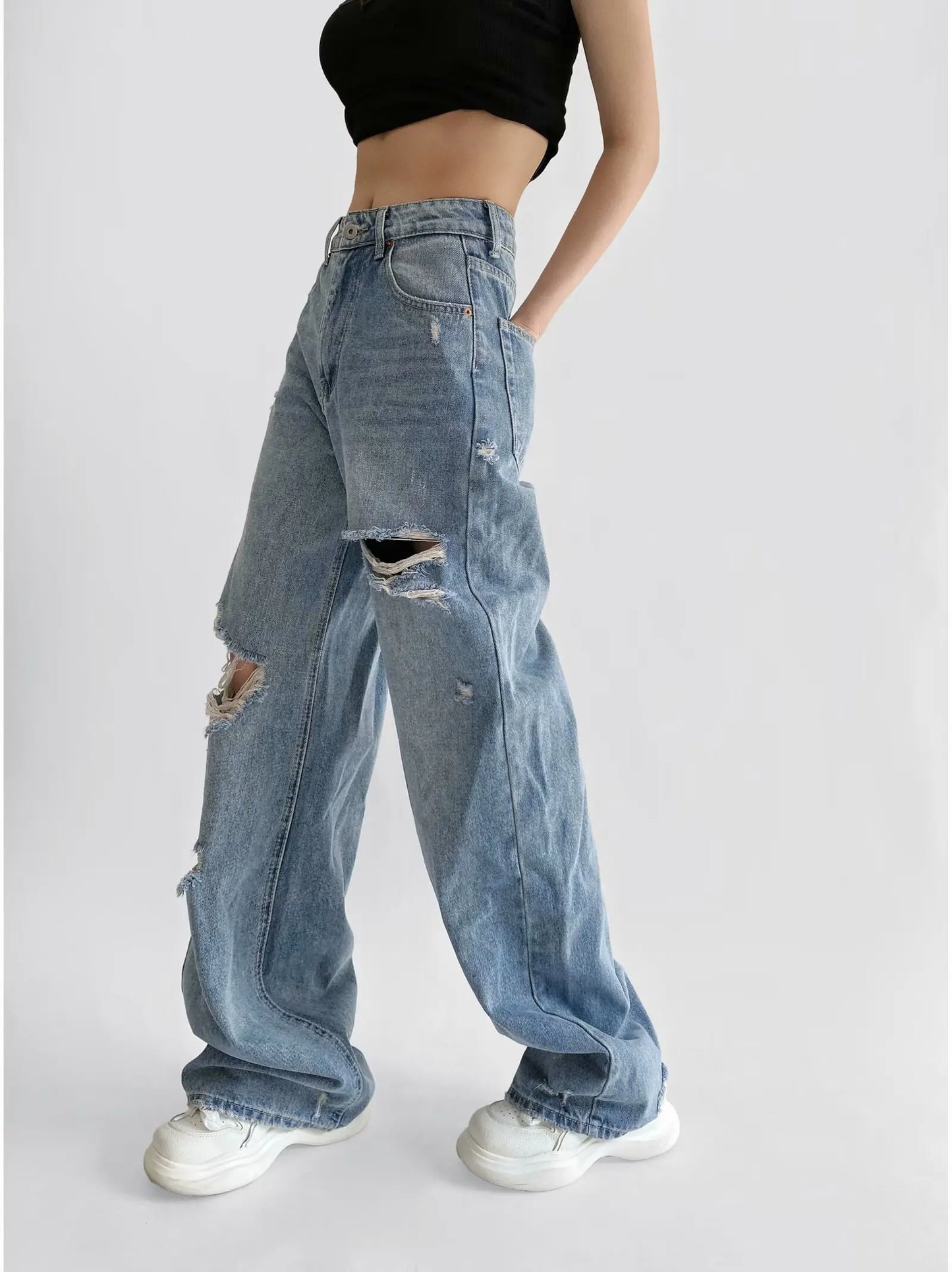 Women's Destroyed Jeans 2025 Spring Summer High Waist Loose Leg Floor-Length Distressed Denim Vintage Daily Staple