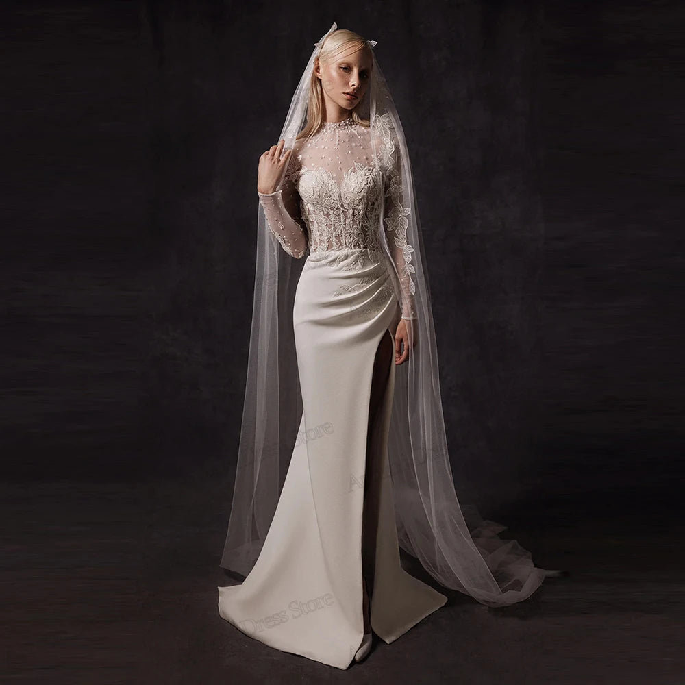 Modern Wedding Dresses Satin Bridal Gowns Beading Appliques Full Sleeves Robes For Formal Party Vestidos De Novia Customized