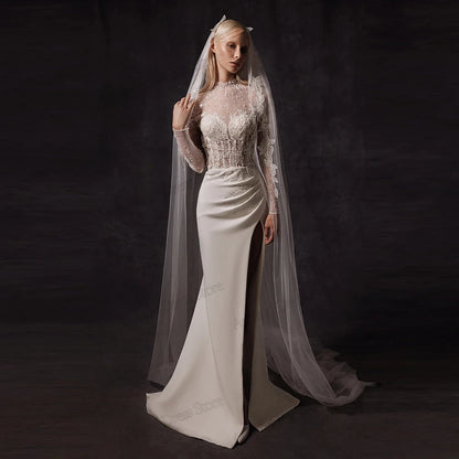 Modern Wedding Dresses Satin Bridal Gowns Beading Appliques Full Sleeves Robes For Formal Party Vestidos De Novia Customized