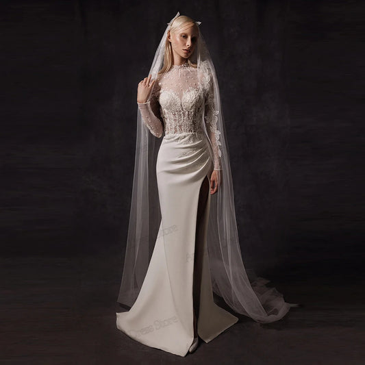 Modern Wedding Dresses Satin Bridal Gowns Beading Appliques Full Sleeves Robes For Formal Party Vestidos De Novia Customized