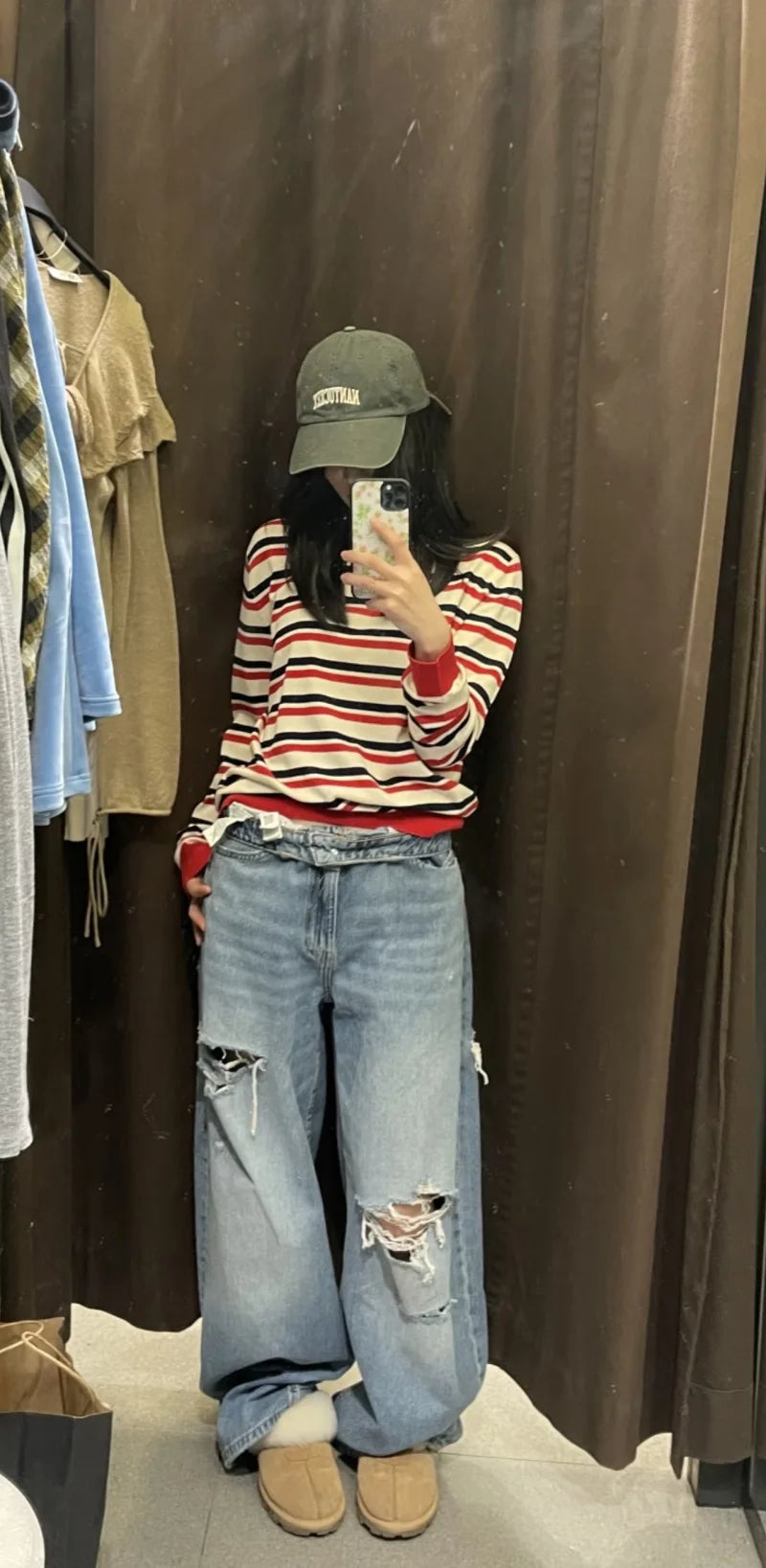 ETJ 2025 women's new street fashion fold waist mid waist washed ripped jeans loose version of the floor-length pants