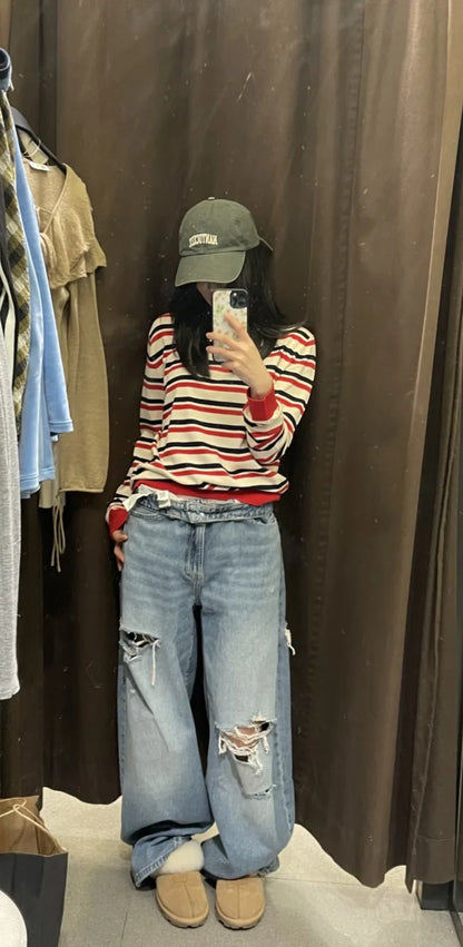 ETJ 2025 women's new street fashion fold waist mid waist washed ripped jeans loose version of the floor-length pants