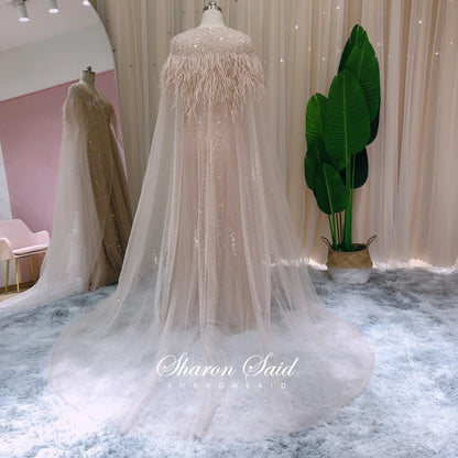 Sharon Said Dubai Luxury Silver Grey Evening Dresses with Feather Cape Shawl Arabic Women Wedding Party Formal Prom Dress SS147