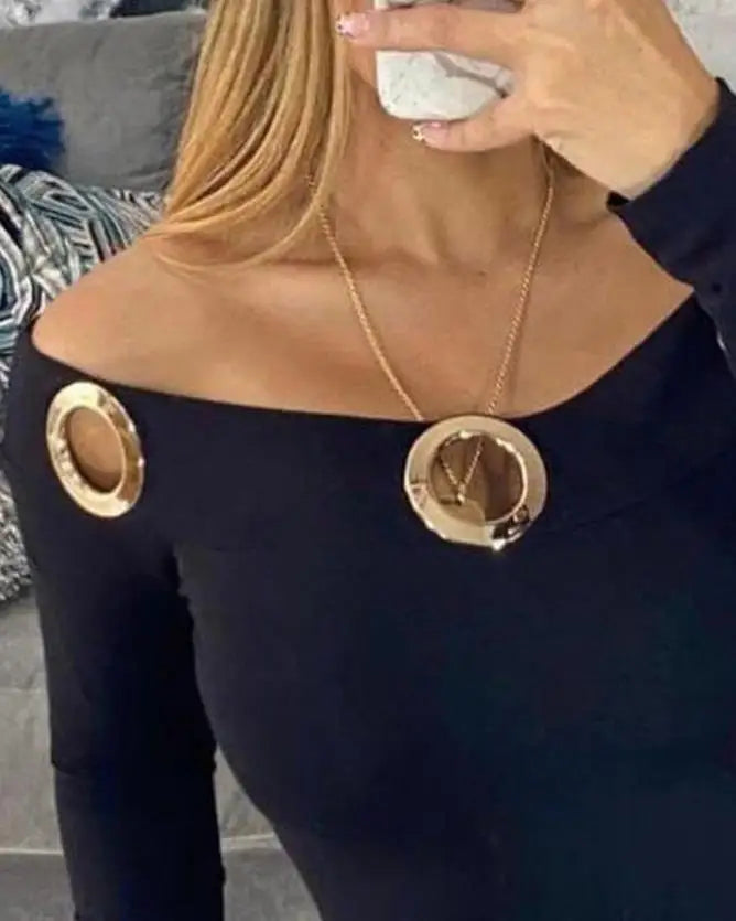 Tops Women 2022 Trendy Fashion Chic Plain Off Shoulder Grommet Eyelet Decor Long Sleeve Sexy Skinny Bodysuit