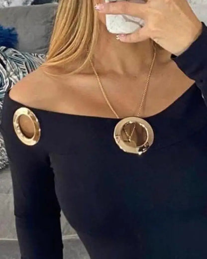 Tops Women 2022 Trendy Fashion Chic Plain Off Shoulder Grommet Eyelet Decor Long Sleeve Sexy Skinny Bodysuit