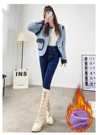 Women's Winter Jeans Fleece Warm Slim Pencil Trousers Elastic Waist Thicken Velvet Comfortable Mom Denim Pants Female