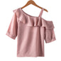 Women's Shirt Tops Fashion One-Shoulder Ruffles Short-sleeved Tops Chiffon Tops S-XXL
