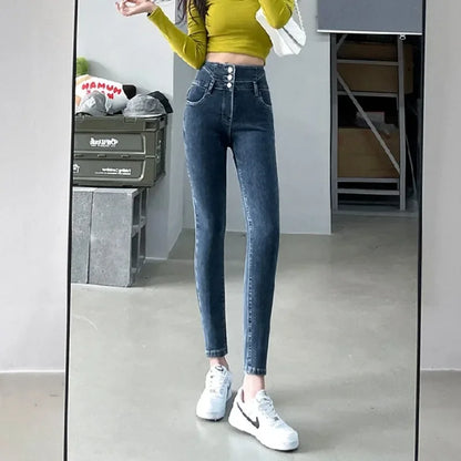 New Women's High Waist Stretch Jeans Blue Black Gray Fashionable and Versatile Multi-button Popular Slim Denim Long Pants Female