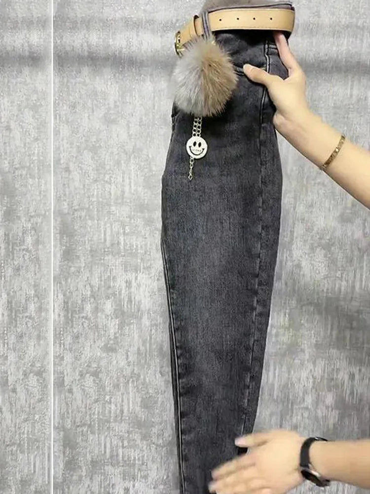 Fleece Jeans For Women Clothes Winter Warm Stretch Denim Harem Pant Loose Thickening Trousers Fall Pantalones De Mujer