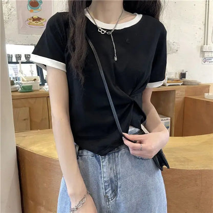Women's Tops Trendy French Niche Girls T-shirts Chic Irregular Splicing Contrasting Colors Korean Style Modification Ins Style