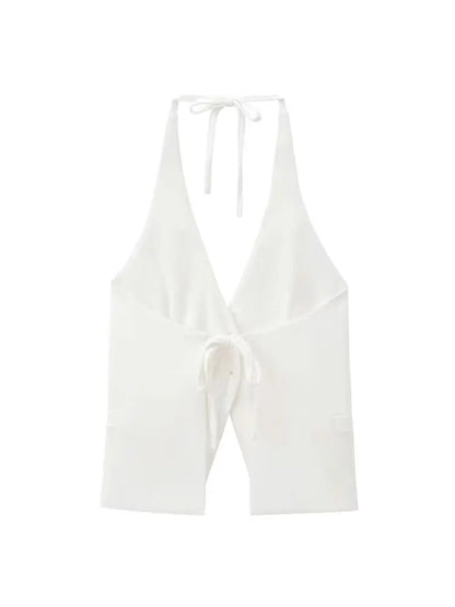 Front Button Tank Tops for Women, Tied Halter Neck, Backless, Female Camis, Sexy Fashion