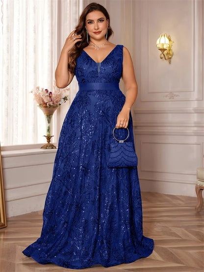 Plus Size Luxury Deep V-Neck Sequins Blue Evening Dress Women Elegant V-back Wedding Party Long Prom Cocktail Dresses