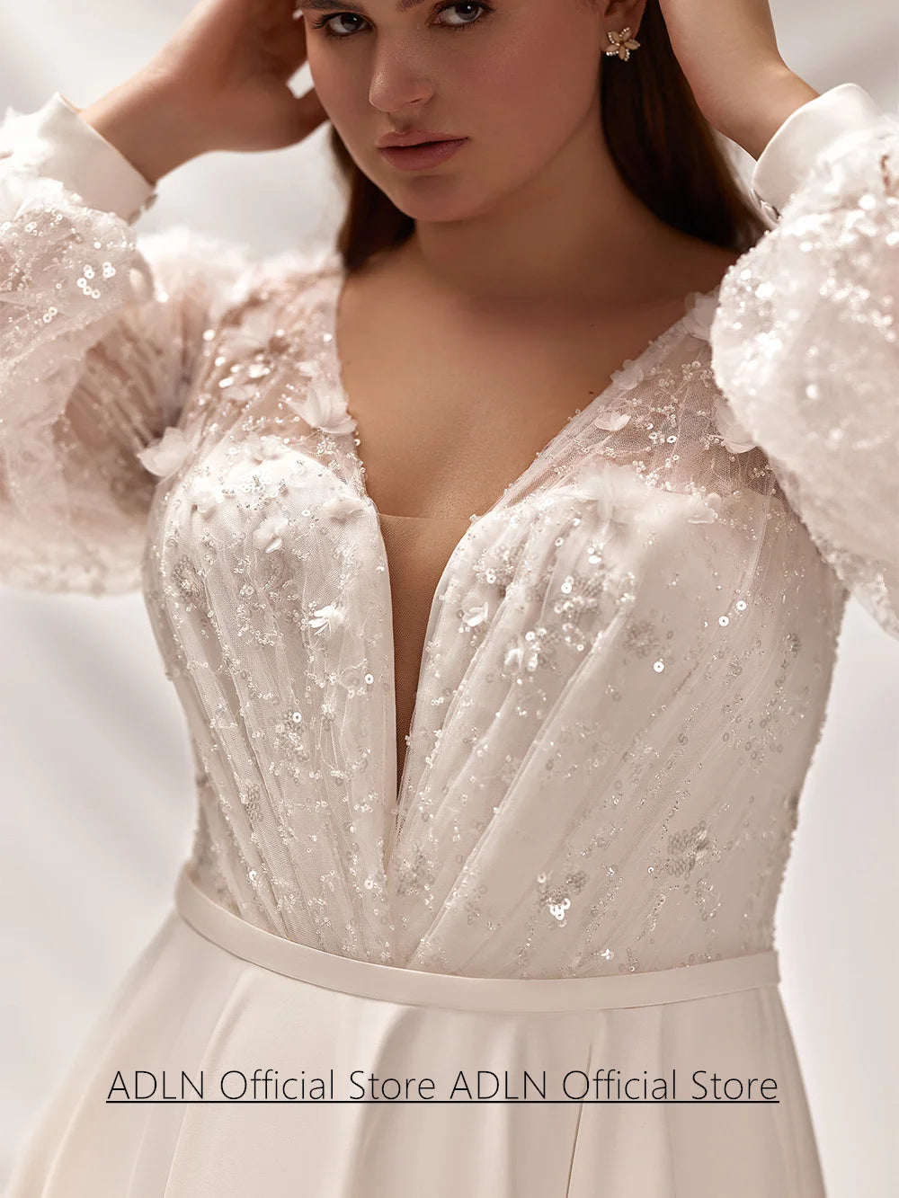 Plus Size Wedding Dress for Bride Customized Deep V Neck Puff Sleeves Sequined Lace A Line Sweep Train Bridal Gowns