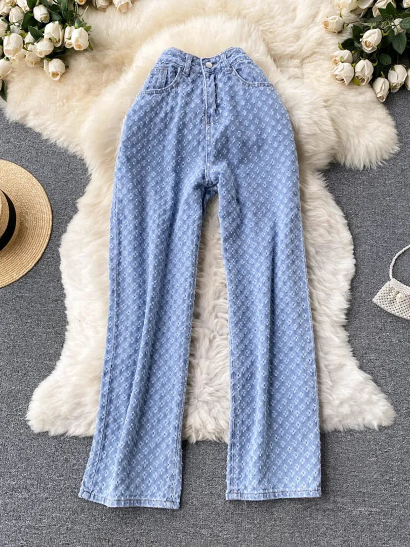 Ripped Jeans for Women Casual Streetwear New Spring Autumn High Waist Straight Leg Pants Fashion White Blue Denim Trousers