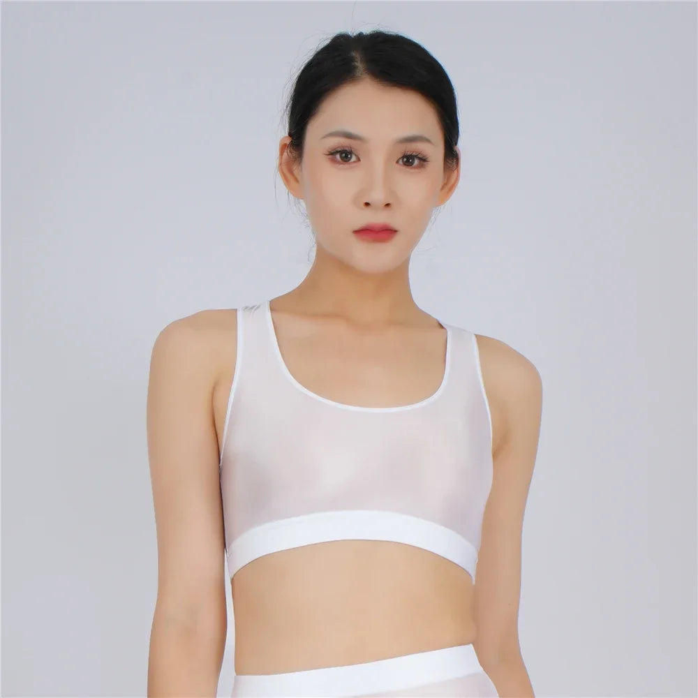 Women's Yoga Fitness Tops Sexy Candy Color UltraShort Crop Fashion Vest V Neck Oil Glossy Silky Smooth Elastic Tight Tanks Tees