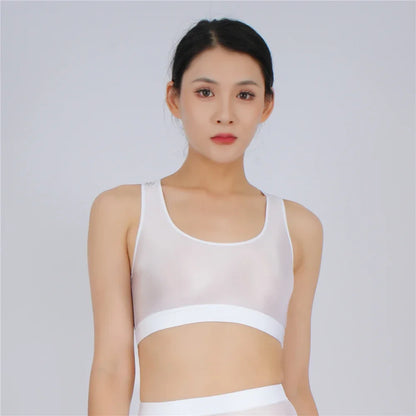 Women's Yoga Fitness Tops Sexy Candy Color UltraShort Crop Fashion Vest V Neck Oil Glossy Silky Smooth Elastic Tight Tanks Tees