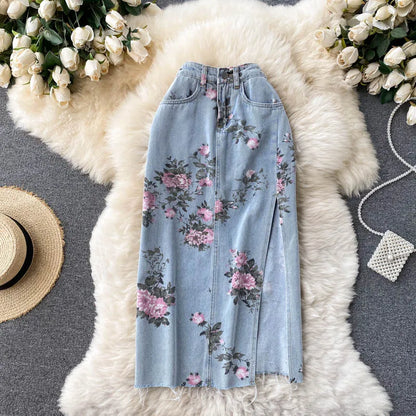 Flowers Print Jeans Women Vintage High Waist Denim Long Pants 2025 Fashion Autumn Casual Wide Leg Full Length Denim Trousers