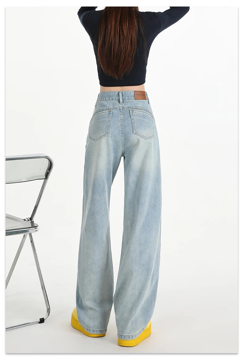 Woman Jeans High Waist Wide Leg Cotton Denim Clothing Design Sense Straight Pant Fashion Comfort White Retro Blue Casual Trouser
