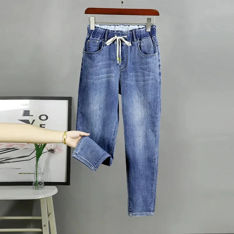 2025 Fashion Women's Jeans Spring Autumn Denim Harem Pants Loose Large-size Elastic-waist Vintage Casual Trousers Female Jeans