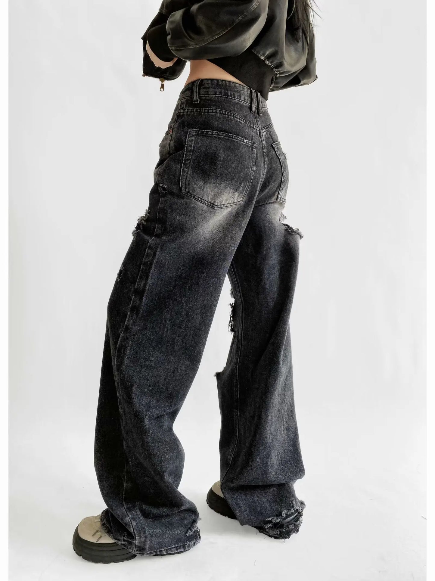 Women's Destroyed Jeans 2025 Spring Summer High Waist Loose Leg Floor-Length Distressed Denim Vintage Daily Staple