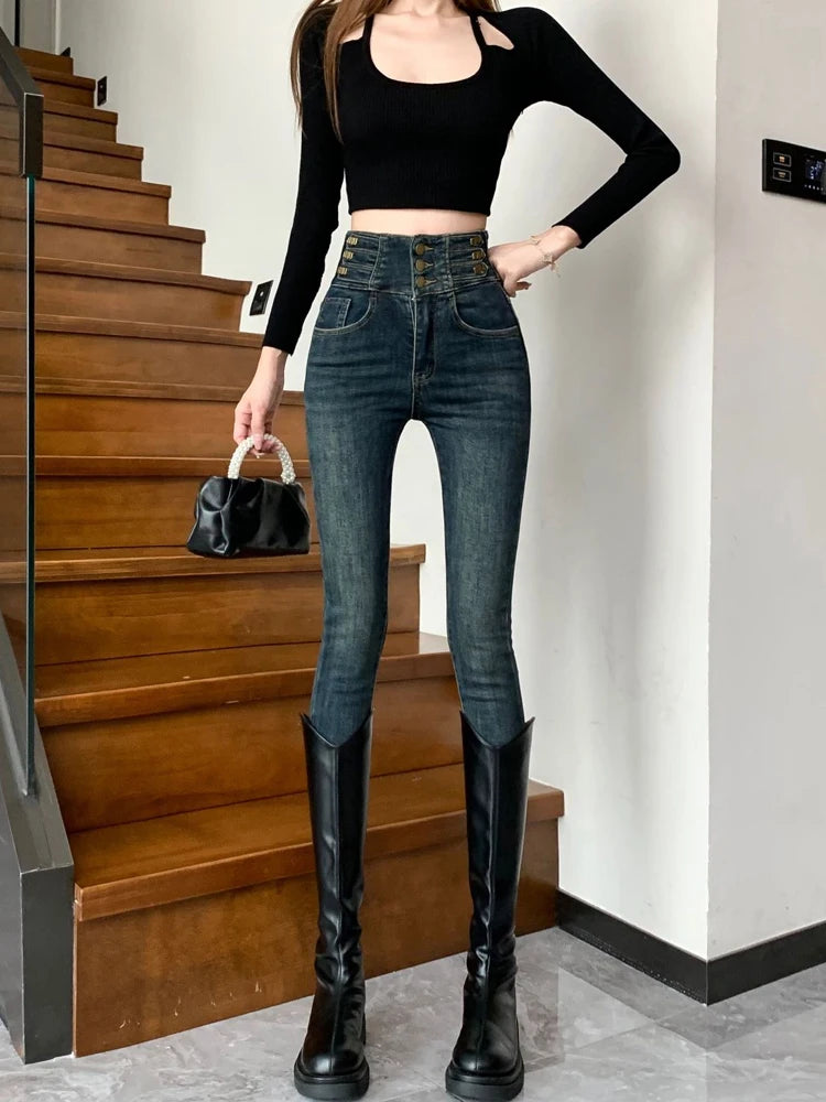 winter warm thick fleece woman's jeans with high waist jeans woman mom jeans women's jeans for women jean femme clothe black