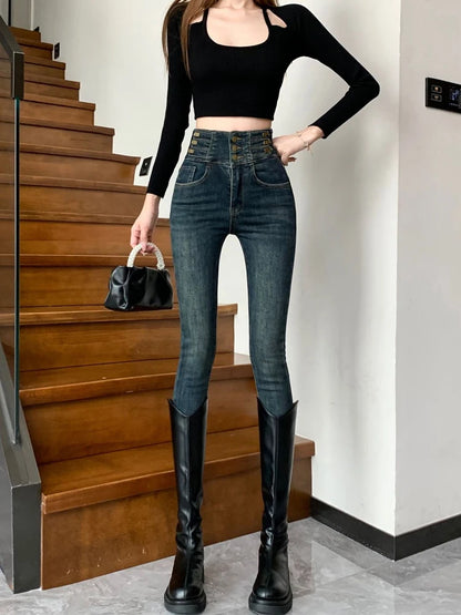 winter warm thick fleece woman's jeans with high waist jeans woman mom jeans women's jeans for women jean femme clothe black
