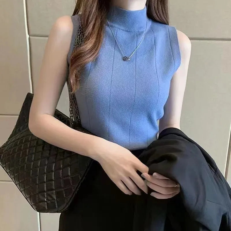 Spring Women Knitted Green Tank Tops Women Thin Tops Basic Casual Tank Tops O-neck Tees Sleeveless Tops For Women