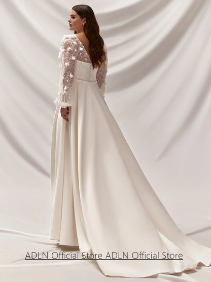 Plus Size Wedding Dress for Bride Customized Deep V Neck Puff Sleeves Sequined Lace A Line Sweep Train Bridal Gowns