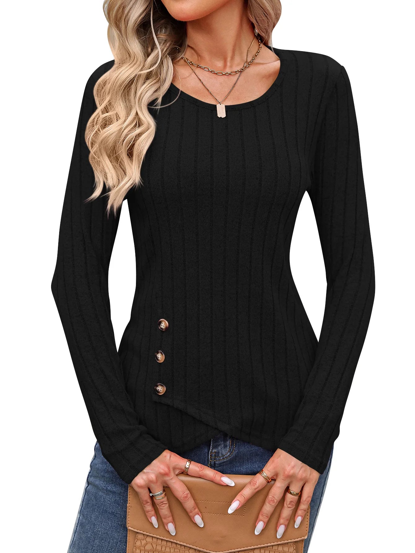 Women's Clothing Western Tops 2024 hot autumn new waist cinched round neck tight long sleeved top Europe America T-Shirts Tees