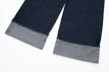 HH Women's High-Waisted Jeans Slim Trailing Trousers Rolled Leg Denim Pant Fashion Lady High Street Casual Wide-Leg Jeans