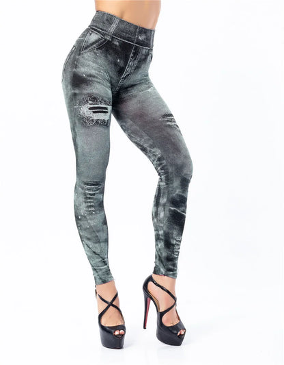 Women Imitation Distressed Denim Jeans Leggings High Waist Pants Fitness Slim Legg Mujer 2022 Sport Push Up Leggings for Women