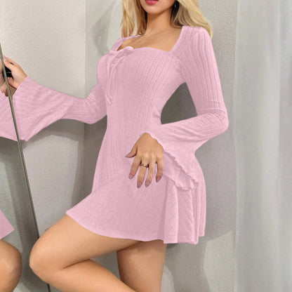 Dresses Women Blush Ribbed Bell-Sleeve Mini Dress Casual Date Party Street Daily 2026 Trendy Solid Multi Color Nuevo Estilo